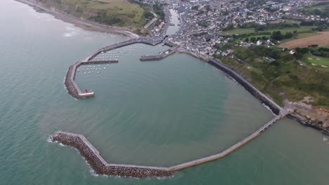 Drone-view-over-Port-en-Bessin-Huppain,-in-North-of-France-English-Channel.